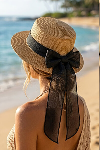 Ritagarcia Γυναικείο ψάθινο καπέλο παραλίας με φαρδύ γείσο και λεπτομέρεια φι...