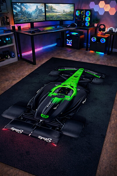 gxe.art Formula 1 Neon Yeşil Yarış Arabası Halı Kaymaz Taban Yıkanabilir Game...