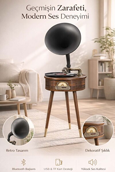 FaroxTech Vintage Görünümlü Modern Gramofon Ses Sistemi - 140 cm Tripod Ayakl...