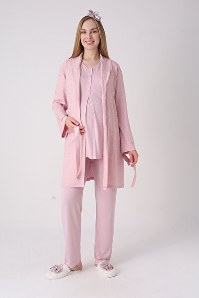 ERDENİZ TEKSTİL Maternity 3-Piece Pajama Set with Lace Detail and Dressing Go...