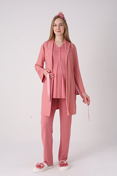 ERDENİZ TEKSTİL Maternity 3-Piece Pajama Set with Lace Detail and Dressing Go...