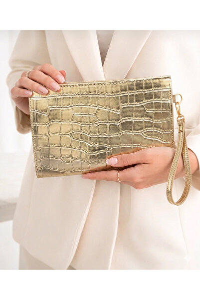 Zeyne Zyn09 Women's Gold Crocodile Patterned Patent Leather Portfolio Bag - S...