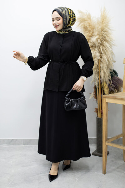 Tesettür Dünyası Σετ Φούστας με Πλισέ και Δέσιμο TSD260173 Μαύρο