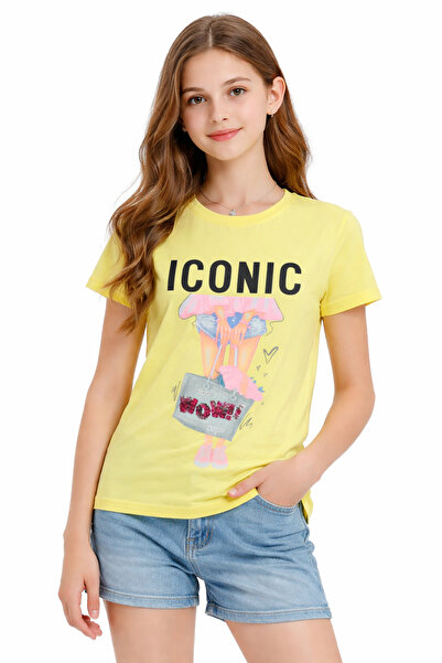 İrem Çocuk Giyim Girl's Iconic Text Patterned Sequined and Stoned Yellow Colo...