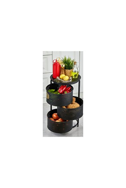 Asey Home Siyah 3 Katlı Metal Sebzelik Meyvelik Yana Açılır Bölmeli Patates S...