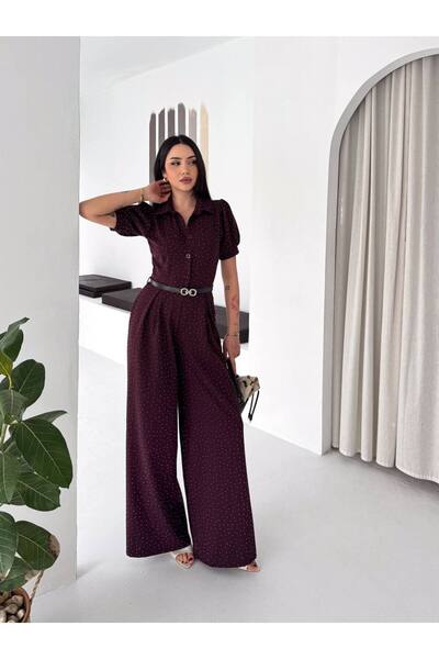 LOKADI Puantiyeli Kısa Kol Düğmeli Palazzo Pantolonlu Şık Günlük Tulum