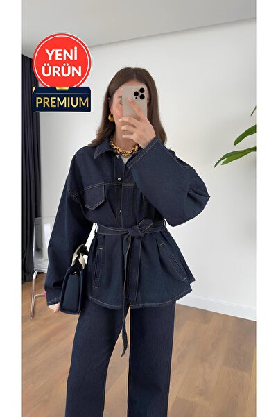 Perryes Γυναικείο σκούρο μπλε ναυτικό τζιν σετ με δέσιμο, oversize μπουφάν κα...