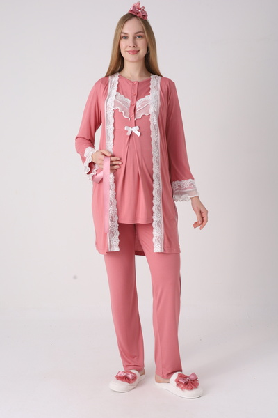 ERDENİZ TEKSTİL Lace Pajama Set 3-Piece Maternity Pajama Set - Scallop Lace D...