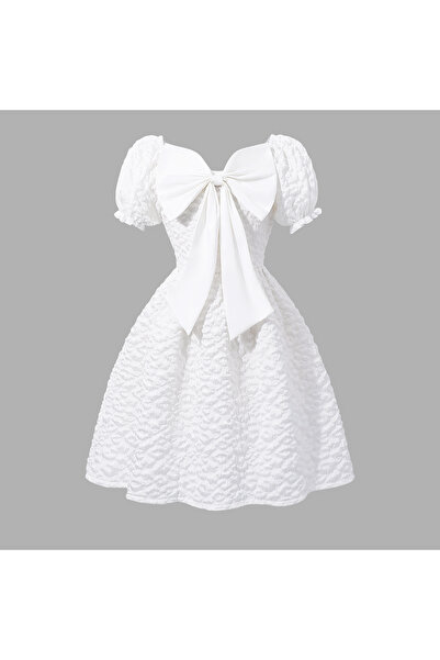 Dila Girls White Big Bow Puff Sleeve Dress 8-12Y, Kids Textured Waist-Tiered ...