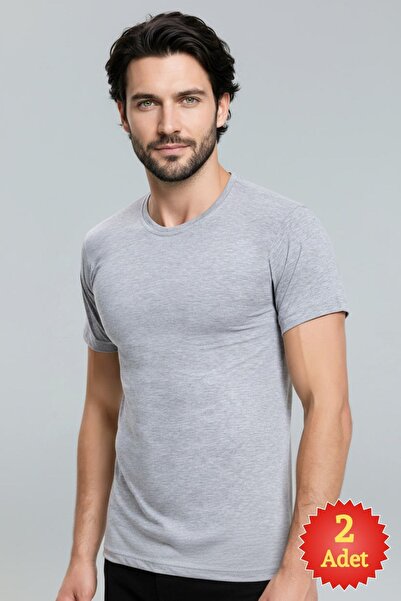fevien Men's Gray Melange 100% Cotton Single Jersey 2-Piece Crew Neck Basic T...