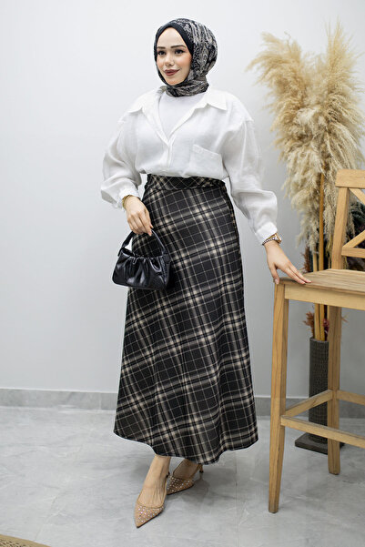 Tesettür Dünyası Καρό φούστα με ελαστική μέση TSD260168 Καπνιστή
