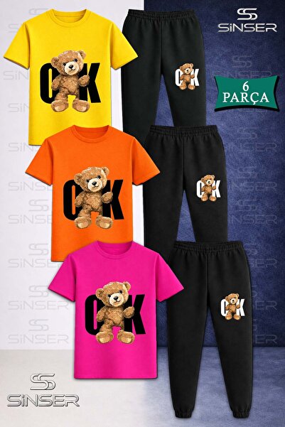 SS SİNSER Children's Unisex Bear Black Printed 3-Piece T-Shirt Tracksuit Set