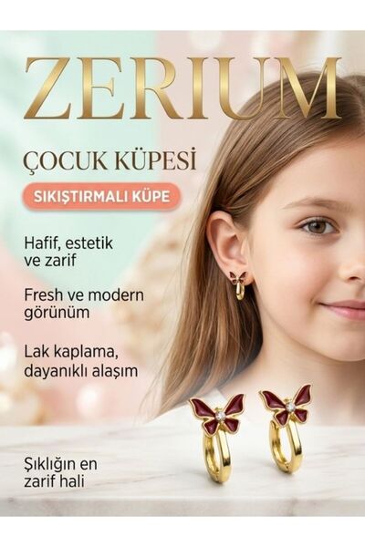 ZERİUM Kız Çocuk Sıkıştırmalı Küpe – Deliksiz Kulaklar İçin Pastel Bordo Kelebek