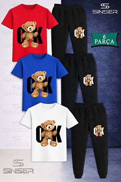 SS SİNSER Children's Unisex Bear Black Printed 3-Piece T-Shirt Tracksuit Set
