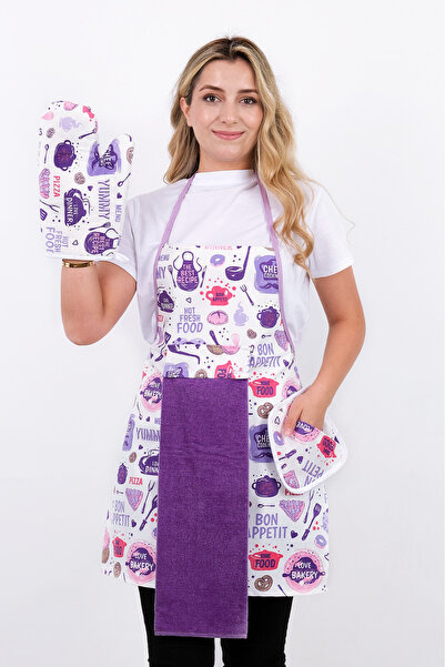 GÜLCÜ TEKSTİL Waterproof Checkerboard Set - Pack of 4 (Apron + Gloves + Holders)