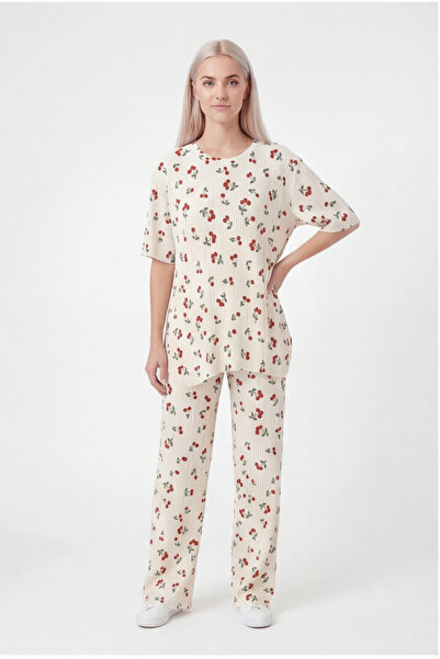 Topstar Cherry Print Ribbed Pleated Pajama Set – 2-Piece Comfort and Style Ex...
