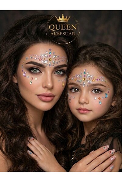 QUEEN AKSESUAR Yüz ve Tırnak taşı Sticker Seti Renkli Kristal Yüz Süsü Festiv...