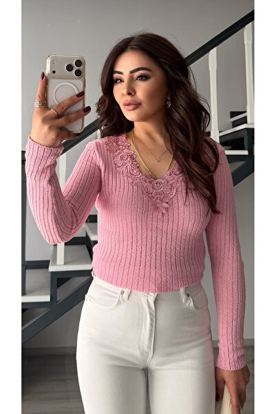 Oslove Pink collar lace thin knitwear blouse