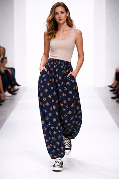 hoaryage Ύφασμα βισκόζης με σχέδιο λουλουδιών, παντελόνι σαλβάρι με τσέπες, 1...