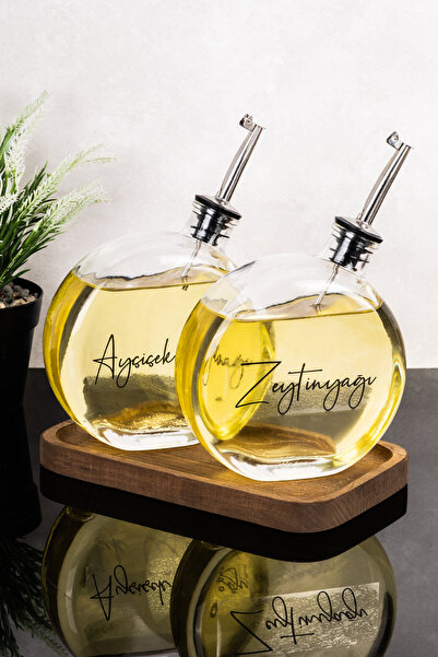 Dolkin Home 2-Pack 500 ml Oil Pot with Wooden Stand and Silver Lid, Round Gla...