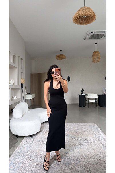 Buket Teke Μαύρο βαμβακερό μάξι φόρεμα με λαιμόκοψη