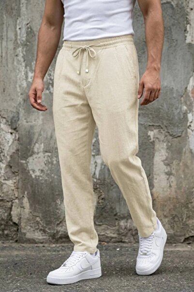 MADZEYMODA Ανδρικό λινό παντελόνι μπεζ με ελαστικά κορδόνια Boyfriend Άνετη ε...