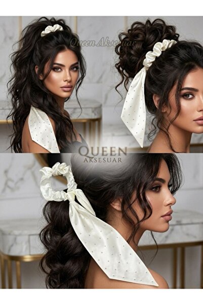 QUEEN AKSESUAR Σατέν φουλάρι με λαστιχένια κλιπάκια μαλλιών Scrunchie, λευκό ...