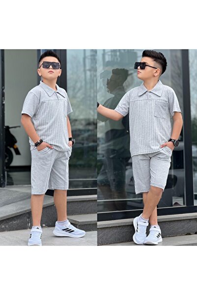 MİA SHİNE S Boy's Collared Stripe Detail Pique Fabric Combination Suit