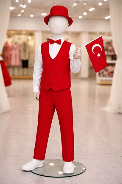 BMNAKIŞBASKI Çocuk Kırmızı 23 Nisan Takım Elbise Şapkalı Papyonlu Bayram Kombini