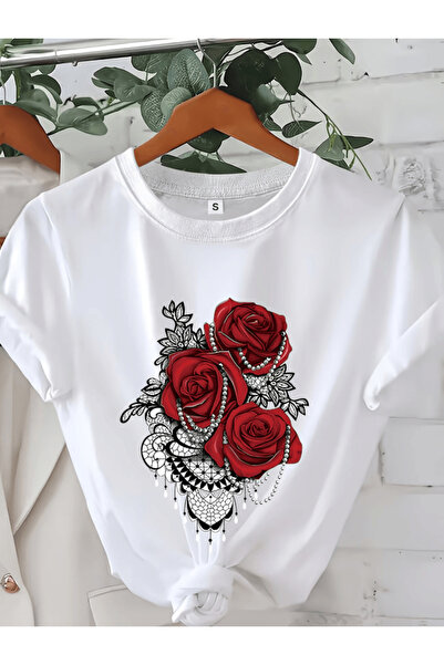 gencerco Μπλουζάκι Premium Oversize με στάμπα κόκκινο τριαντάφυλλο