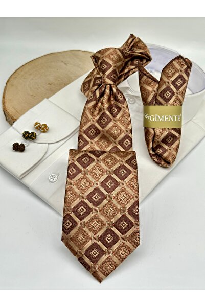 Gutiero Classic Tie with Mink Brown Patterned Handkerchief