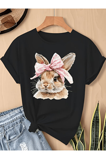 gencerco Μπλουζάκι Premium Oversize με στάμπα Πασχαλινό Κουνέλι με Ροζ Φιόγκο