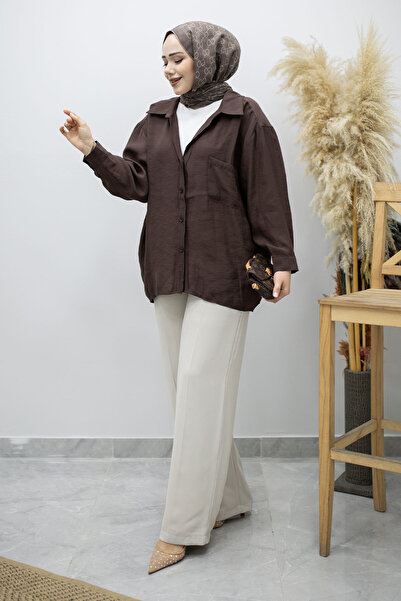 Tesettür Dünyası Πουκάμισο Oversize με τσέπες TSD260167 Καφέ