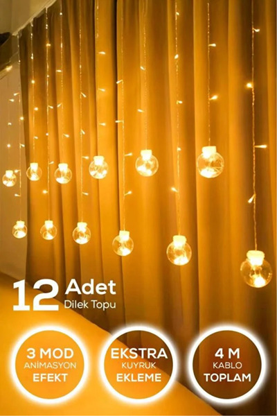 sonx 12 Adet Dilek Topu LED Perde Işık – 3 Mod Animasyonlu, 4 Metre, Sarı Işı...