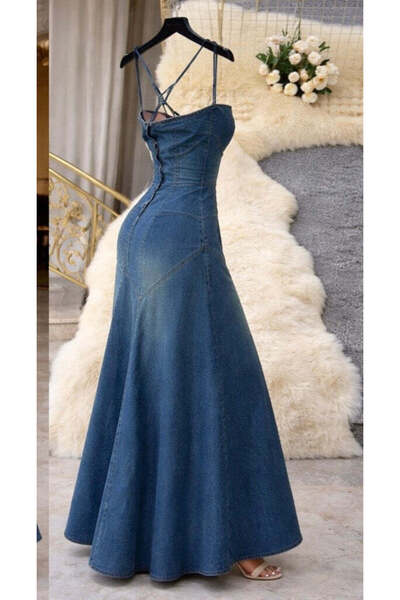 genernic Denim Dress for Women Sleeveless Button Down Slim Fit Midi Jean Dresses