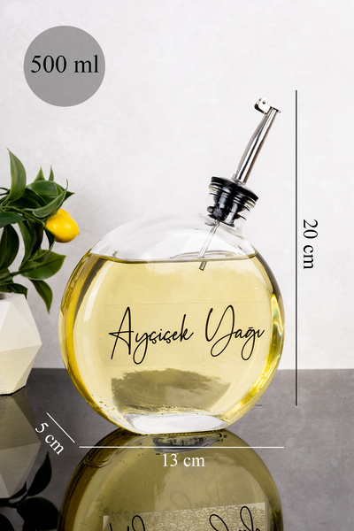 Dolkin Home 500 ml Yağdanlık Yuvarlak Form Gümüş Kapak Etiketli Cam Yağlık Ze...