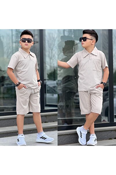 MİA SHİNE S Boy's Collared Stripe Detail Pique Fabric Combination Suit