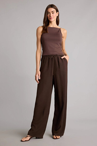 DeFacto F5024AXBN528 Καφέ παντελόνι με φαρδιά μπατζάκια, τσέπες, ψηλόμεσο, κα...