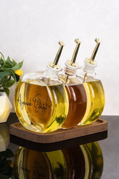 Dolkin Home 3lü 500 ml Yağdanlık Ahşap Stantlı Gold Kapak Yuvarlak Cam Yağlık...