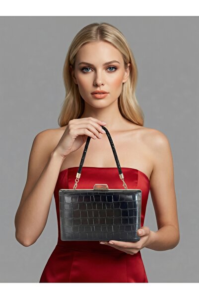 Biçanta Μαύρο Χρώμα Ματ Σχέδιο Κροκόδειλου με Λουράκι Αλυσίδας Γυναικεία Βραδ...