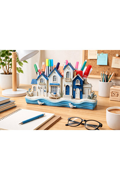 TuraLazerKesim Ξύλινη Μπλε Λευκή Θήκη για Στυλό και Οργανωτής Γραφείου (25x16...