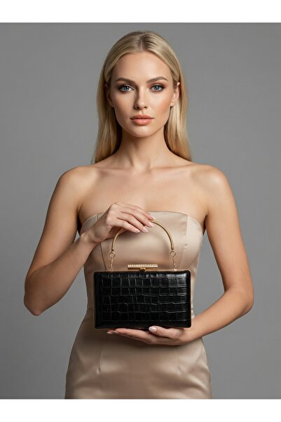 Biçanta Μαύρο Χρώμα Ματ Σχέδιο Κροκόδειλου με Λουράκι Αλυσίδας Γυναικεία Βραδ...