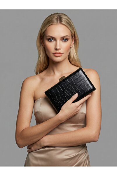 Biçanta Μαύρο Χρώμα Ματ Σχέδιο Κροκόδειλου με Λουράκι Αλυσίδας Γυναικεία Βραδ...