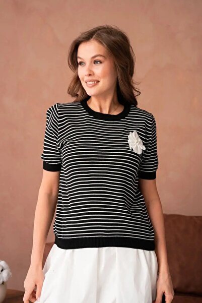 Park Karon 10153 Γυναικείο πλεκτό πουλόβερ με λαιμόκοψη και απλικέ ρίγες