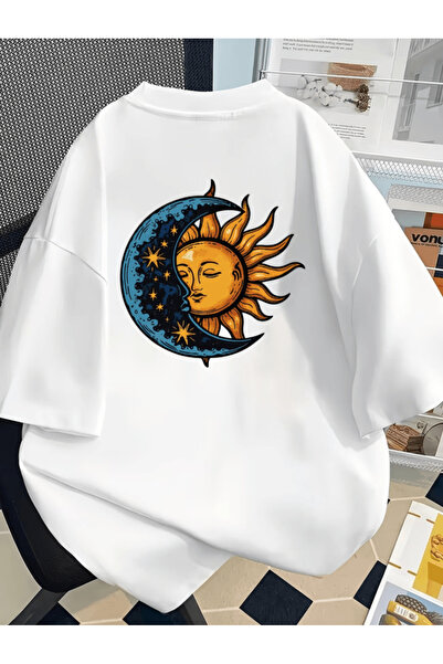 one button Μπλουζάκι Premium Oversize με στάμπα Ήλιου και Σελήνης στην πλάτη