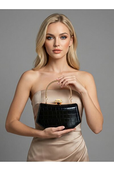 Biçanta Μαύρο Χρώμα Ματ Σχέδιο Κροκόδειλου με Λουράκι Αλυσίδας Γυναικεία Βραδ...
