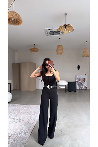 Buket Teke Μαύρο υφασμάτινο παντελόνι premium με σκαλιστή ζώνη και φαρδιά μπα...