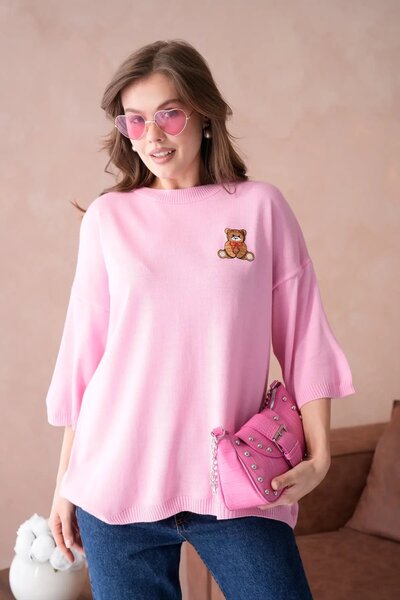 Park Karon 10729 Women's Crew Neck Embroidery Detail Oversize Trko Sweater