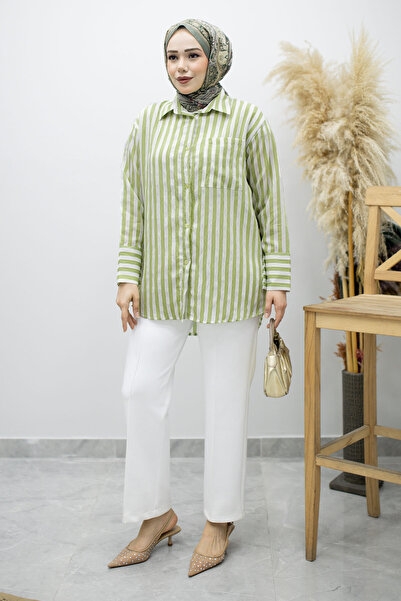 Tesettür Dünyası Ριγέ πουκάμισο με τσέπες TSD260174 Πράσινο