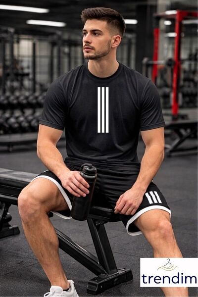 HerTarzınTrendi Ανδρικό σετ μπλουζάκι και σορτς με στάμπα τριών γραμμών, με λ...